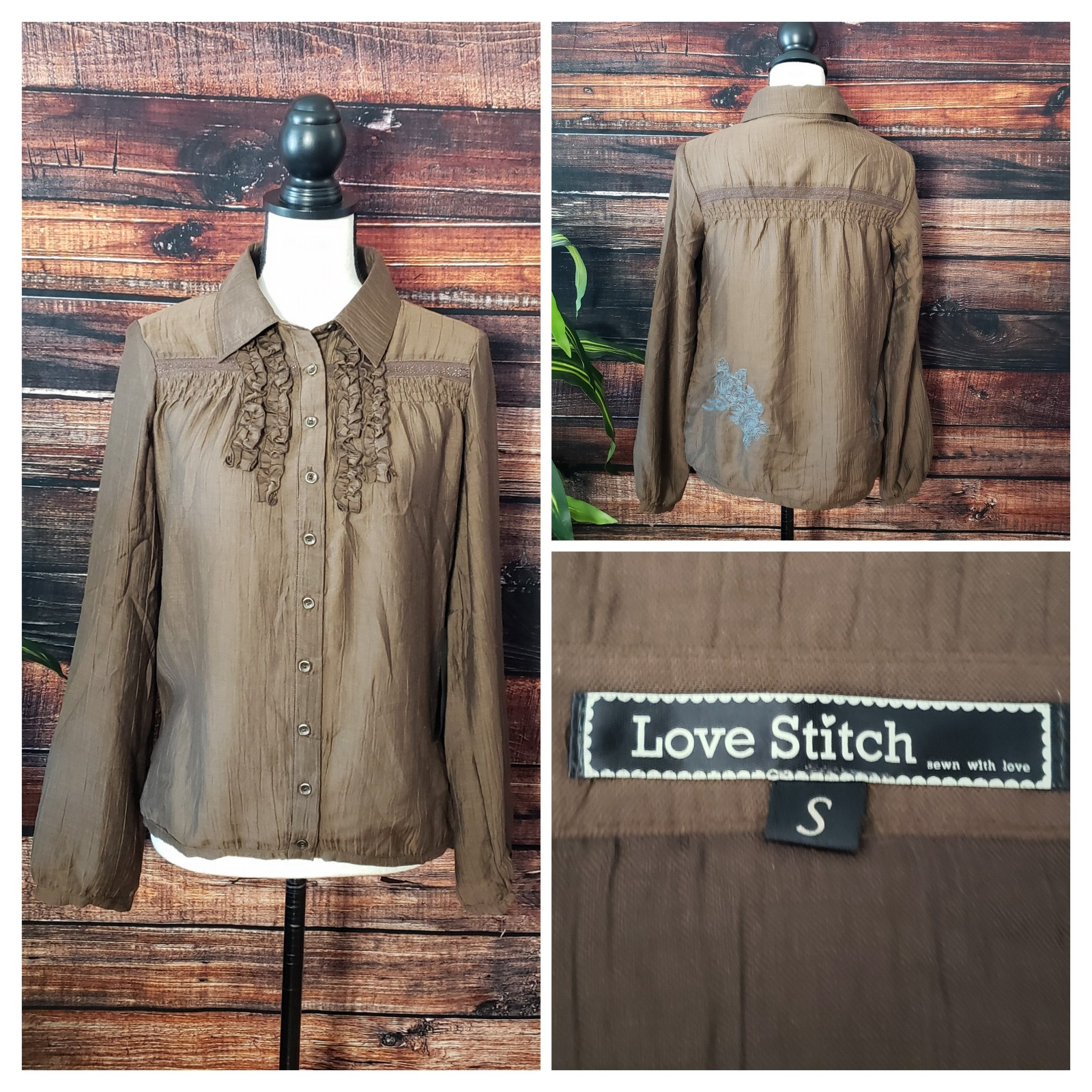 Love Stitch Size Small Ruffle Blouse Embroidered Brown Nylon Puff Sleeve NEW