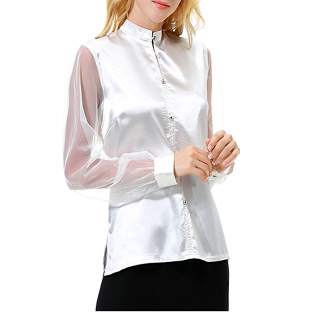 Women Long Mesh Sleeve Shirts Tops Blouse Party Satin Blouse Pure Color Top