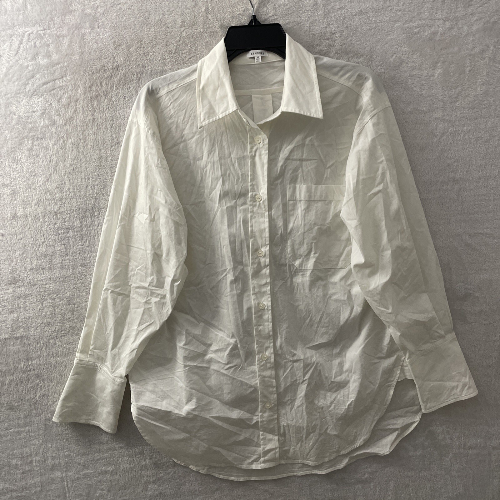 En Creme Womans Button Top Solid White Medium Cotton Blend Long Sleeve Collar