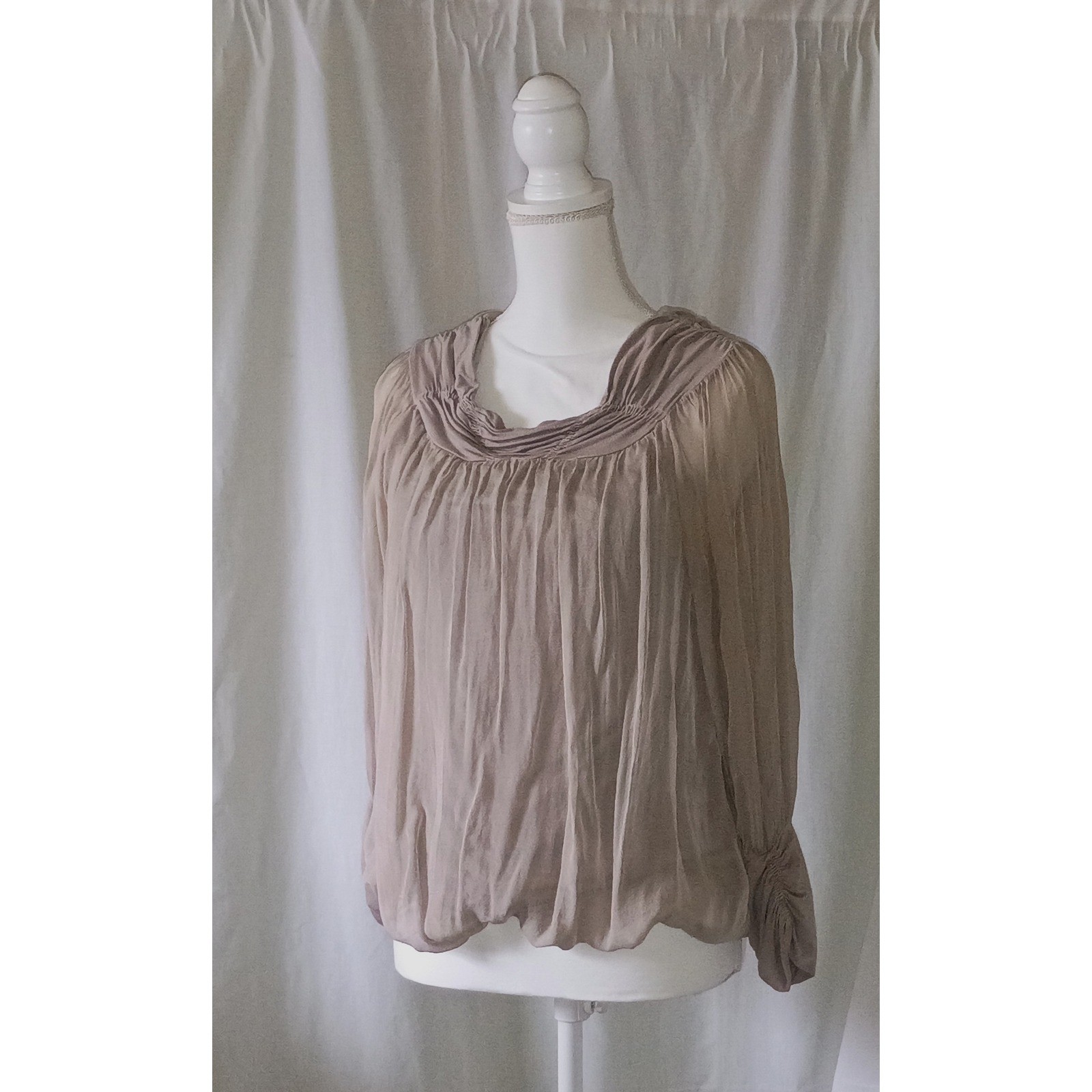 JOOSH Paris Taupe 90s Glam Vampy Smocked Ruched Sheer Silk Blend Blouse Top L