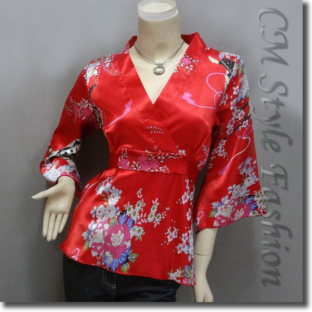 Japanese Kimono Silky Satin Blouse Top Red S/M/L/XL/2XL/3XL