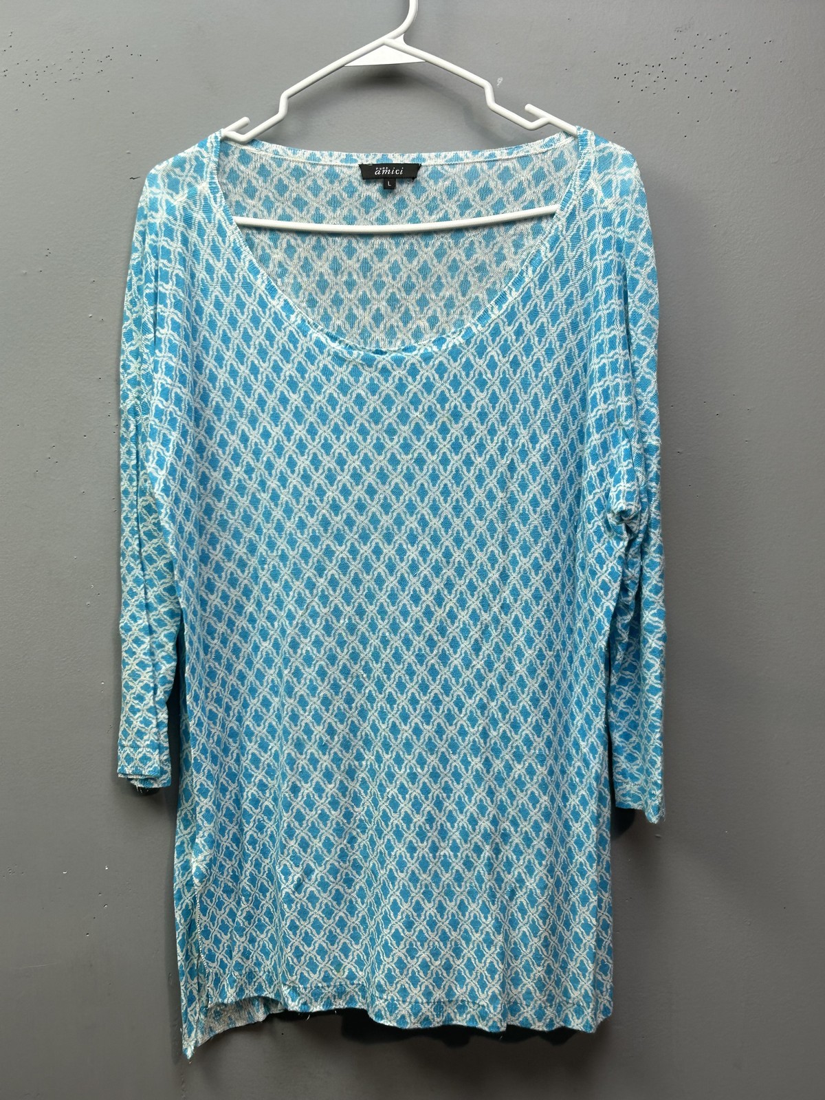 Pure Amici Shirt Womens Large Blue White Linen Geometric Tunic Top 3/4 Sleeve