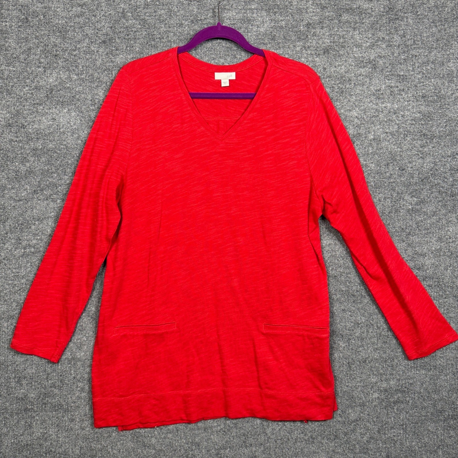 J.Jill Size XL Tunic Tee Bright Red Cotton V Neck Side Slit Pullover Long Sleeve