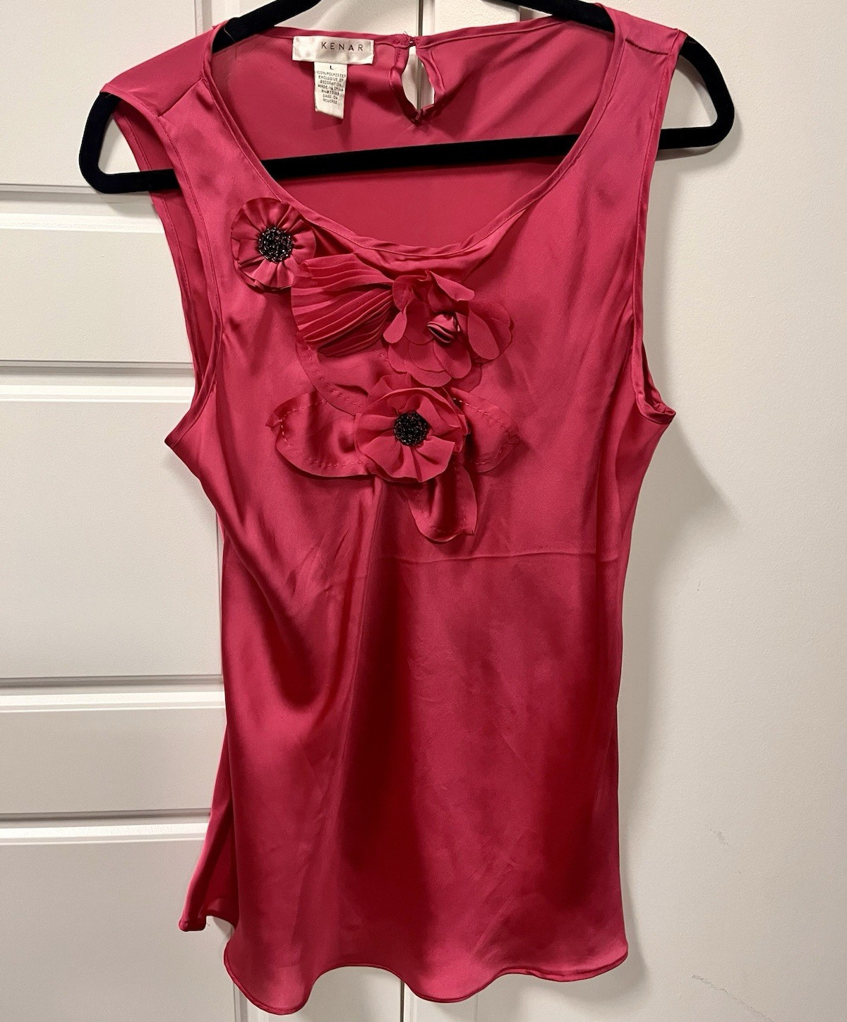 Kenar Pink Satin Floral Appliqué Cottagecore Sleeveless Blouse Top Women’s L
