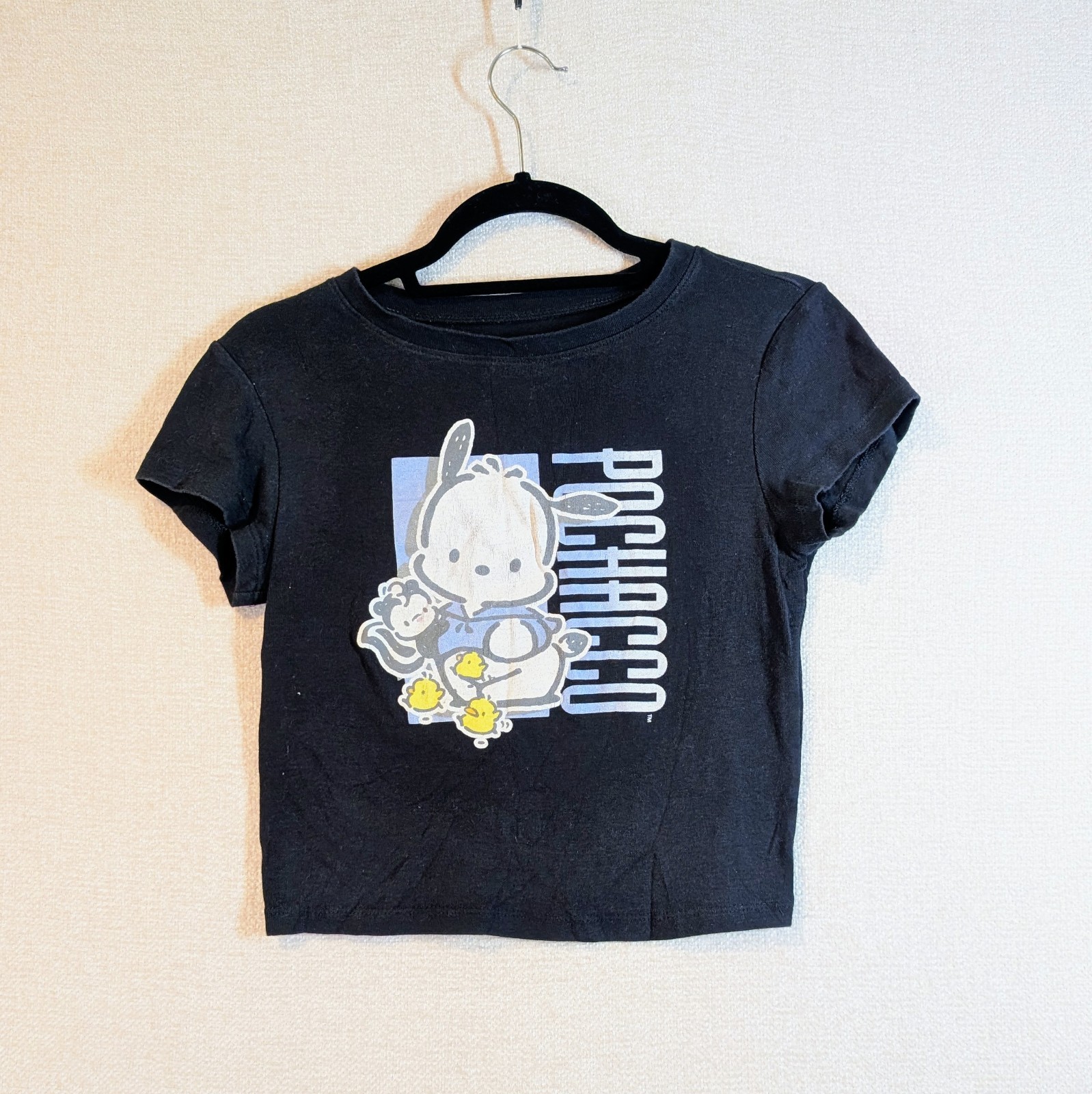 Sanrio Pochacco Graphic Crop Top T-Shirt Black Size XS Bioworld Cotton Y2K