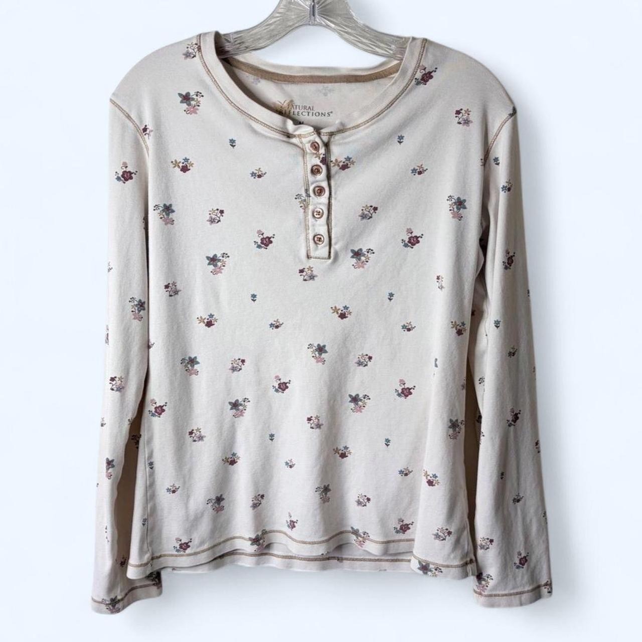 Natural Reflections Cream Floral Henley Long Sleeve Shirt Size M Cottagecore