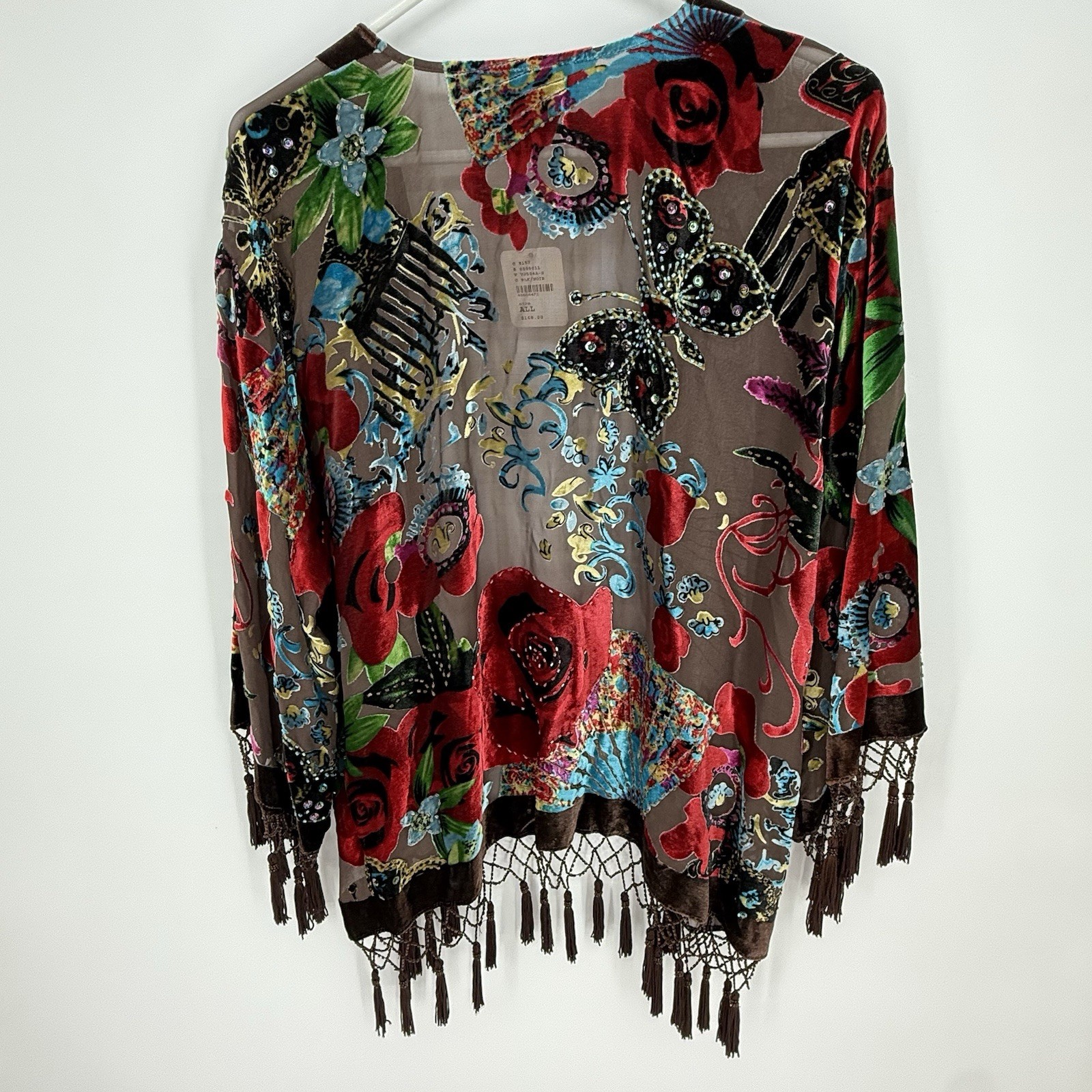 Aris A Kimono Burnout Velvet Floral Boho Beading Tassel Fringe Silk Blend