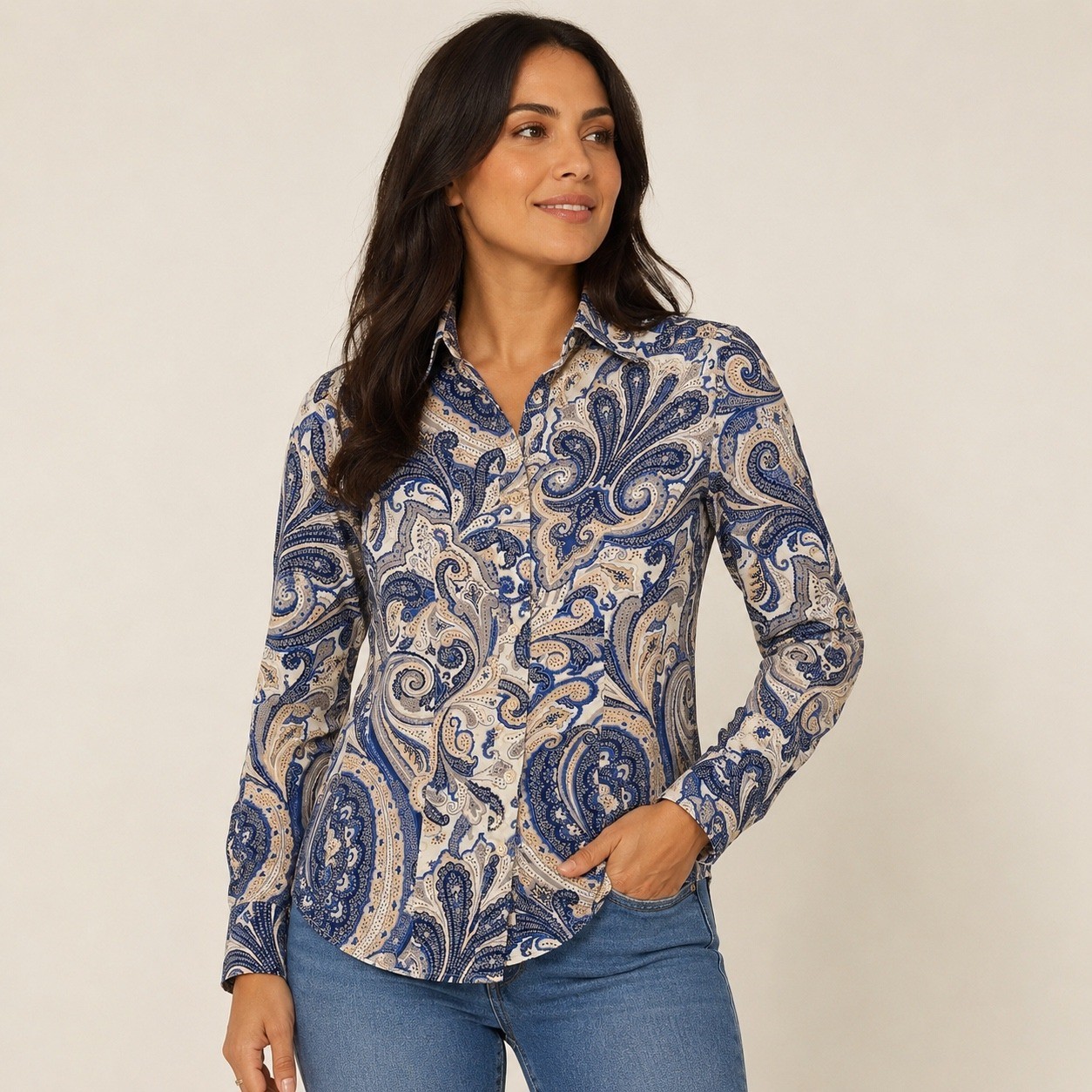 CALIBAN Button-Up Shirt Size 40(S/4) Blue Paisley Italian Rue De Mathieu Edition