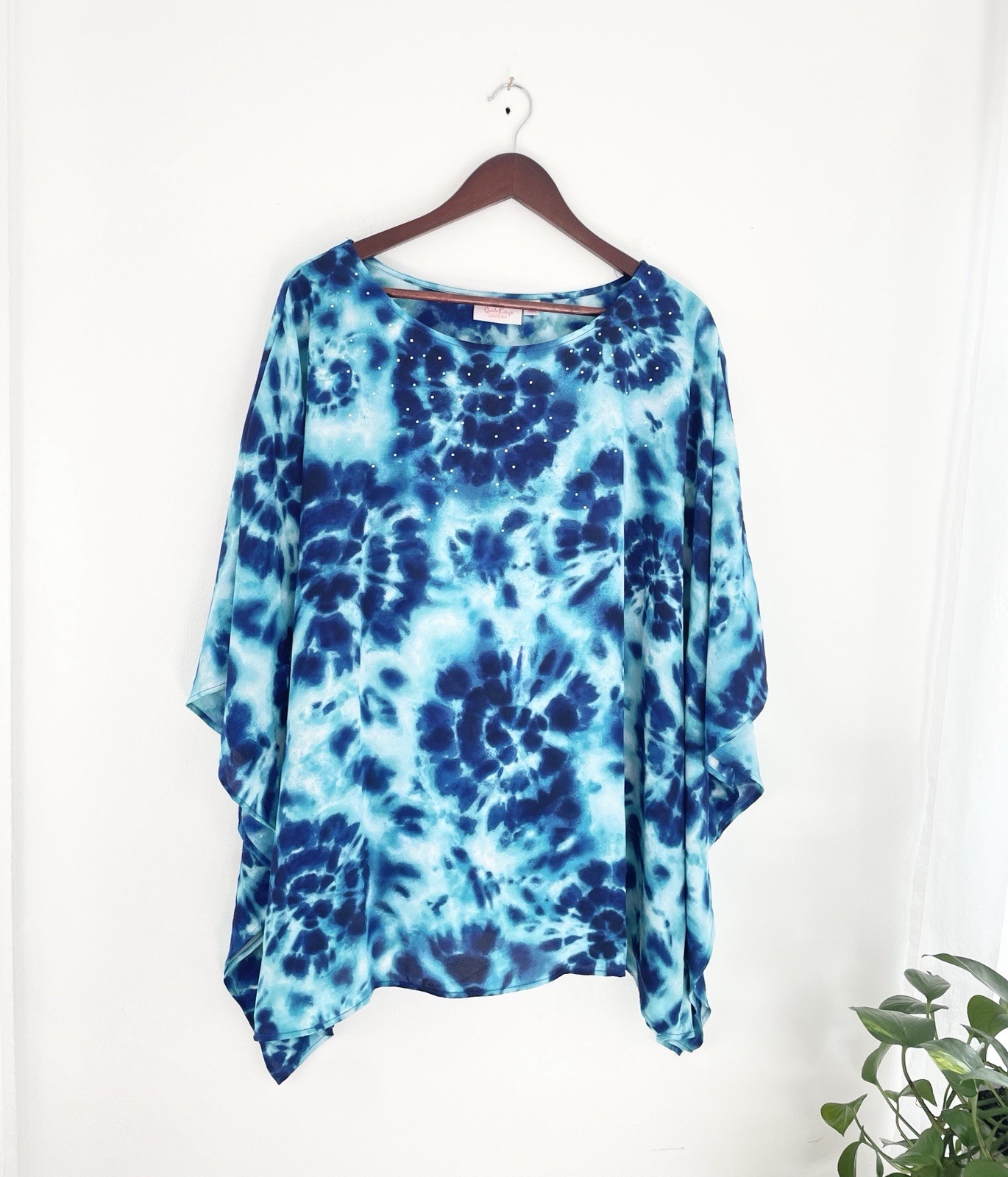 Quaker Factory 1X Blue Tie Die Oversized Bat Wing Blouse Women’s Plus 1X