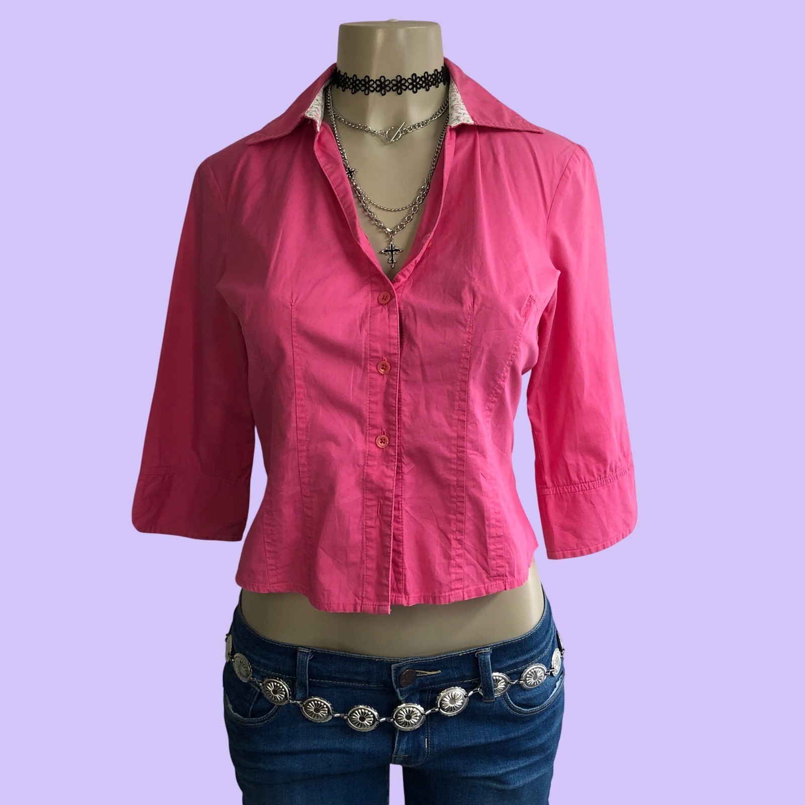Vintage Y2K Hot Pink Button Down Shirt Womens XS Petite Floral Collar Trim