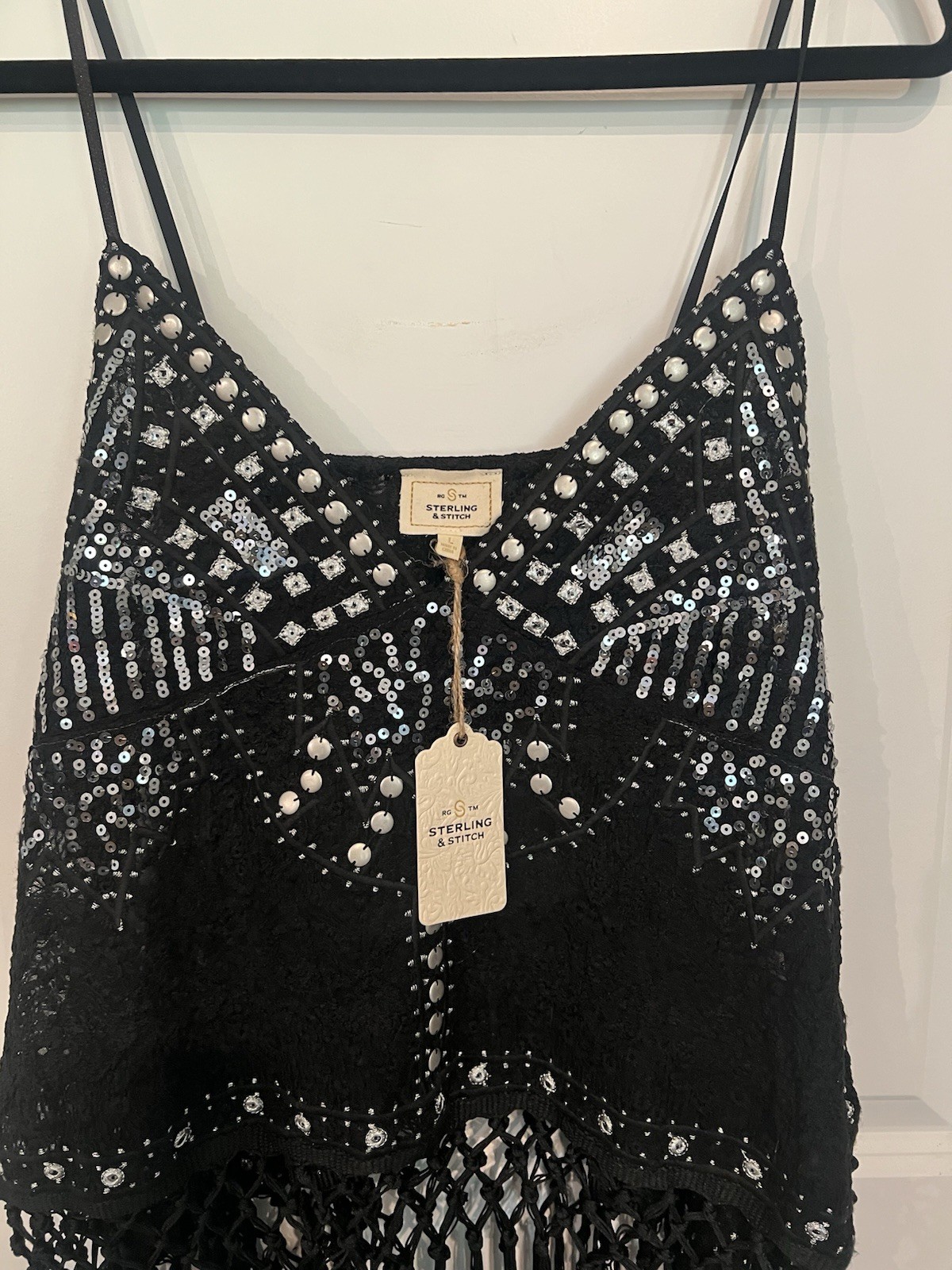Sterling & Stitch Y2K Black Sequin Fringe Studded Boho Western Tank Top L NWT