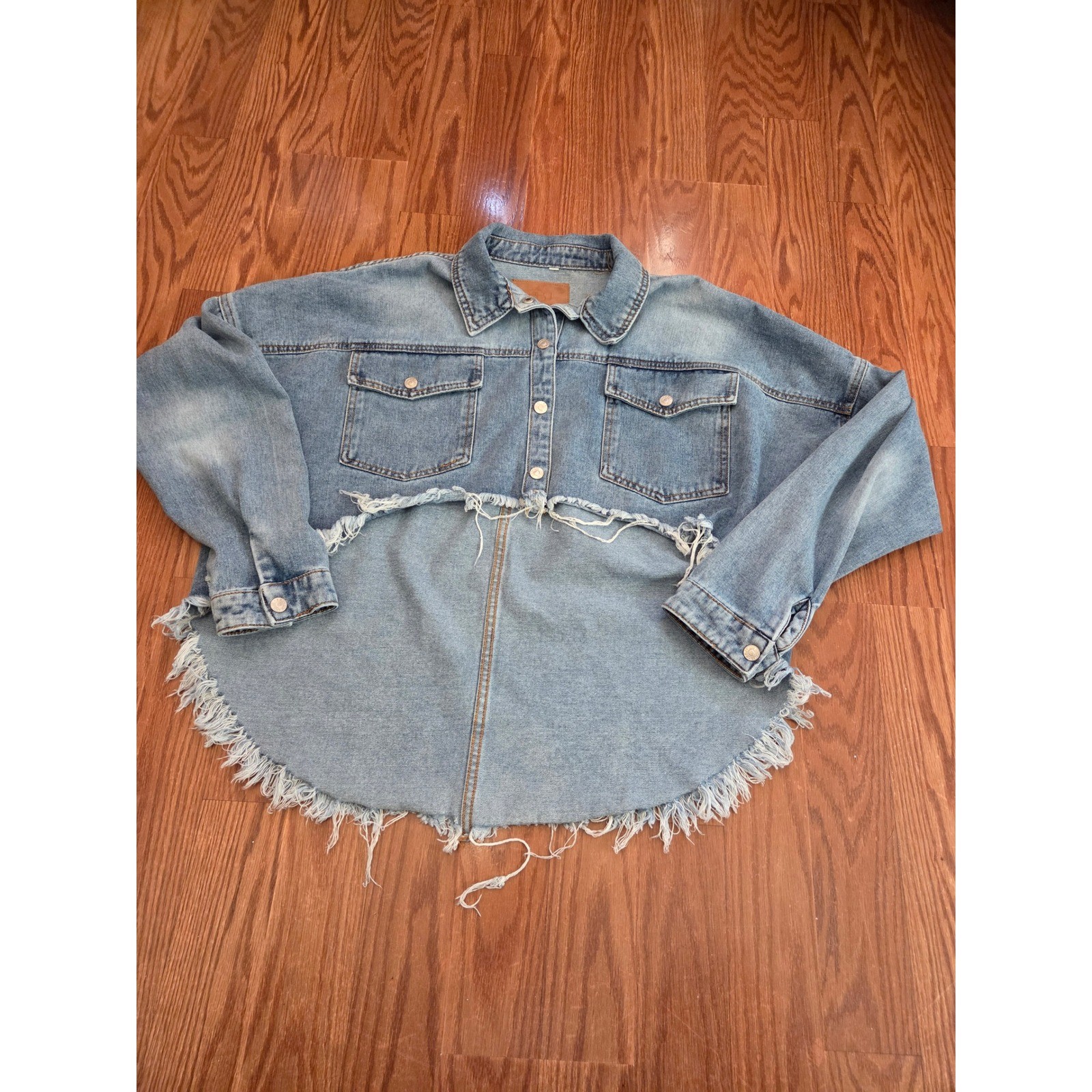 BBJ Los Angeles Womens Denim Distressed Frayed Hem Oversized Shirt Jacket L
