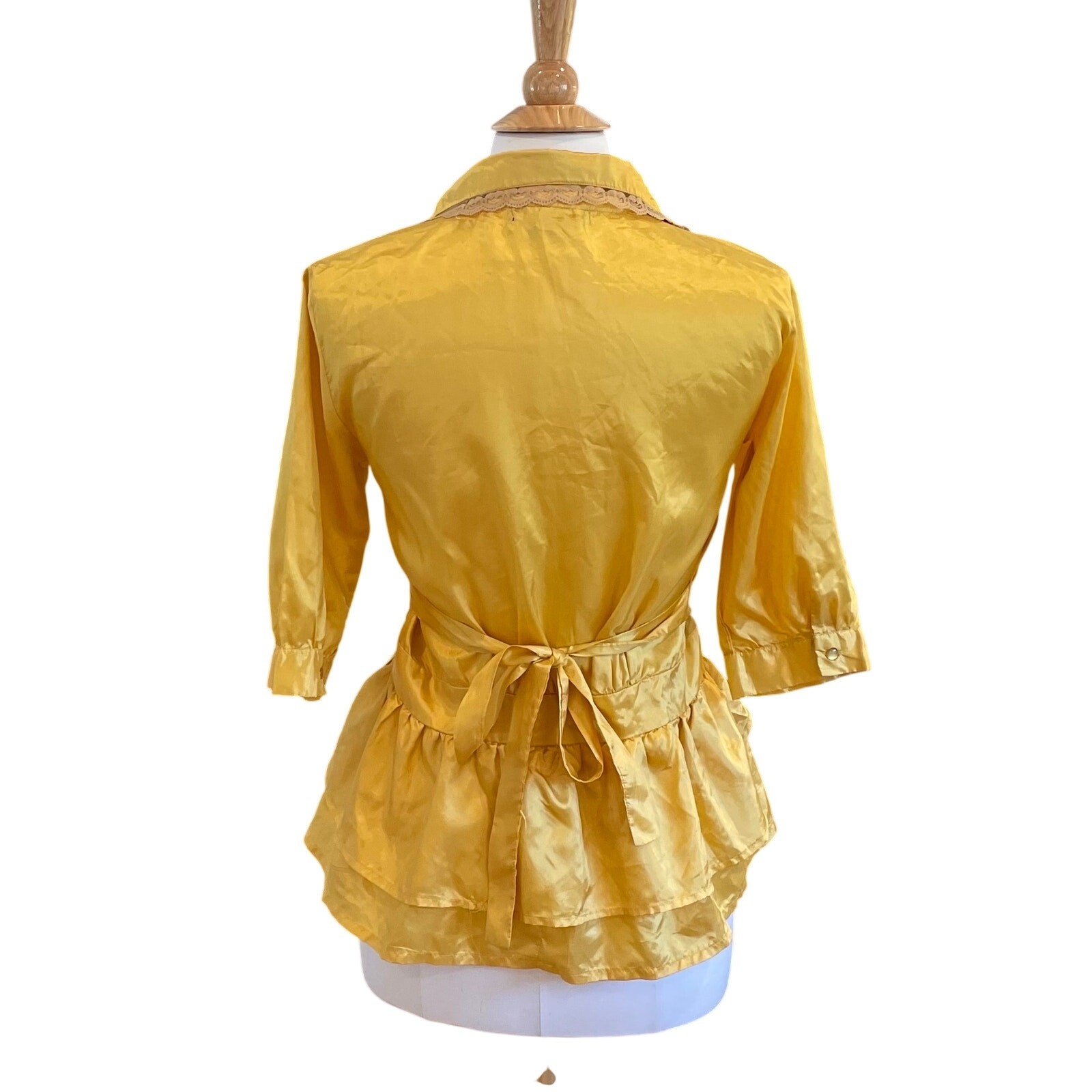 Vintage Galeno Gold Silk Short Sleeve Blouse, Lace, Ruffle, Belt / Tie, Size M