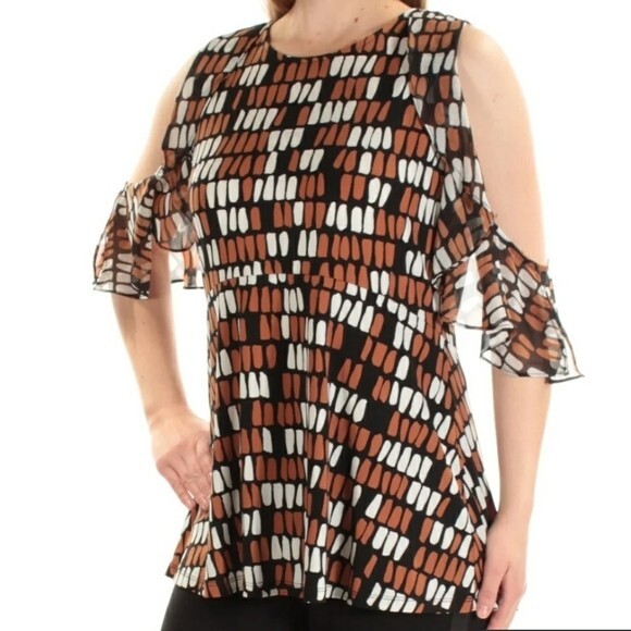 Women Brown Black White Cold Shoulder Blouse Sleeveless Ruffle Geometric
