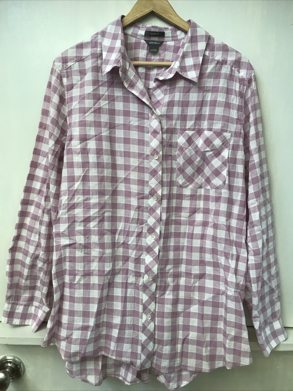 Eddie Bauer Womens Shirt Mauve Pink check plaid Button Up Classic Fit Size XL