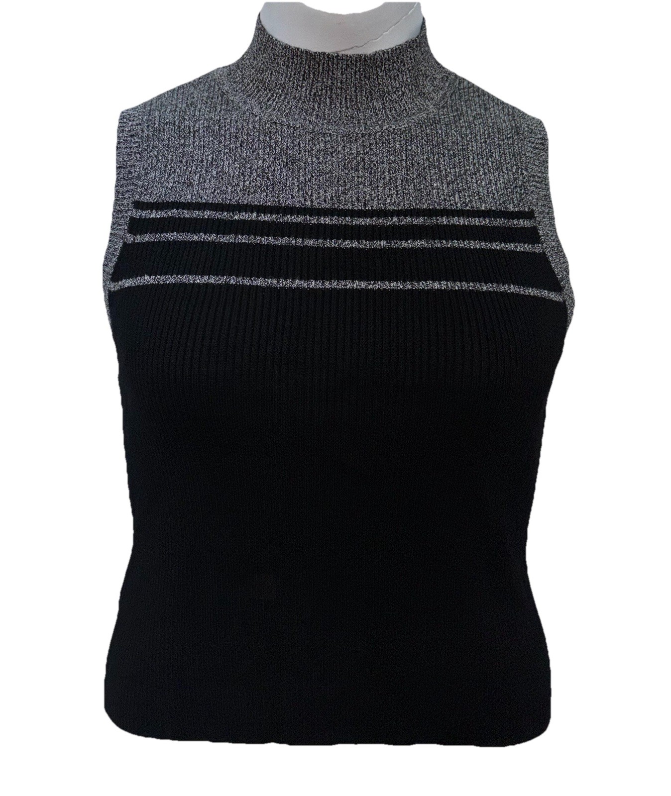 Studio I Women Size 12P Pullover Ribbed Knit Crop Tank Top Black/Gray High Neck