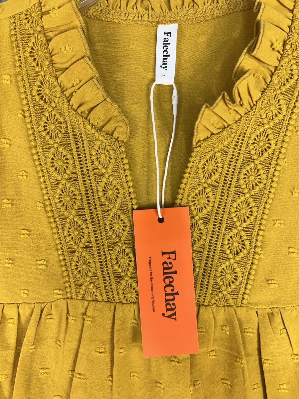 Falechay Women’s Boho Mustard Yellow Ruffle V-Neck Blouse Lace Trim Dots Size L