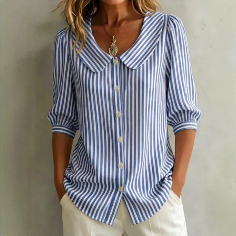 Summer Casual Women Striped Printed Blouse Turn Down Collar Half Sleeve Shirts
