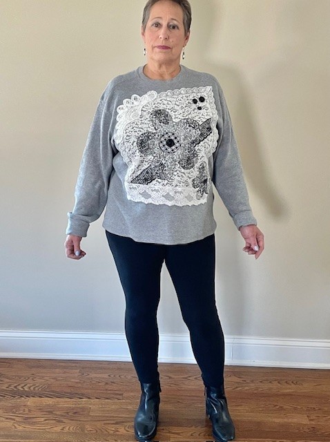 Upcycled Thermal Waffle Knit Top Applique Flower ART TO WEAR BOHO Women Gray LG