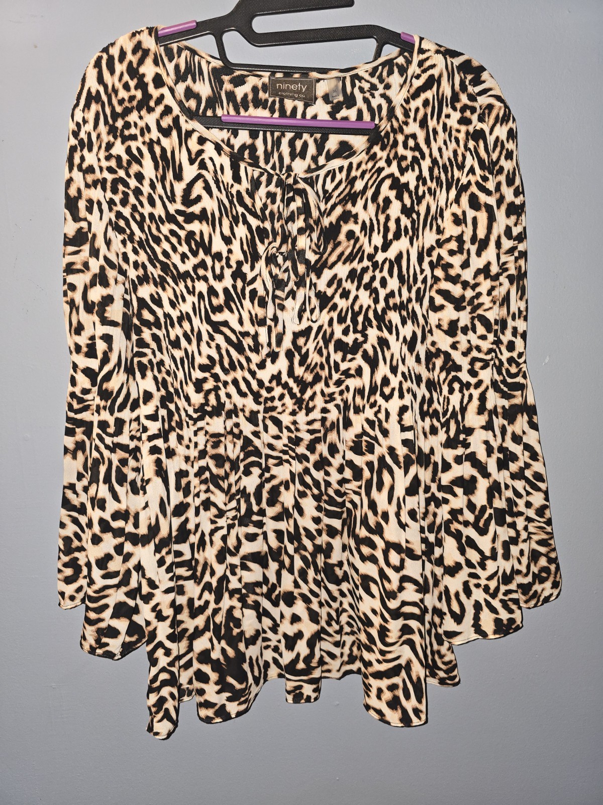 Ninety Clothing Co Leopard Print Tunic Blouse Beige Black Tie V-Neck 3/4 XL