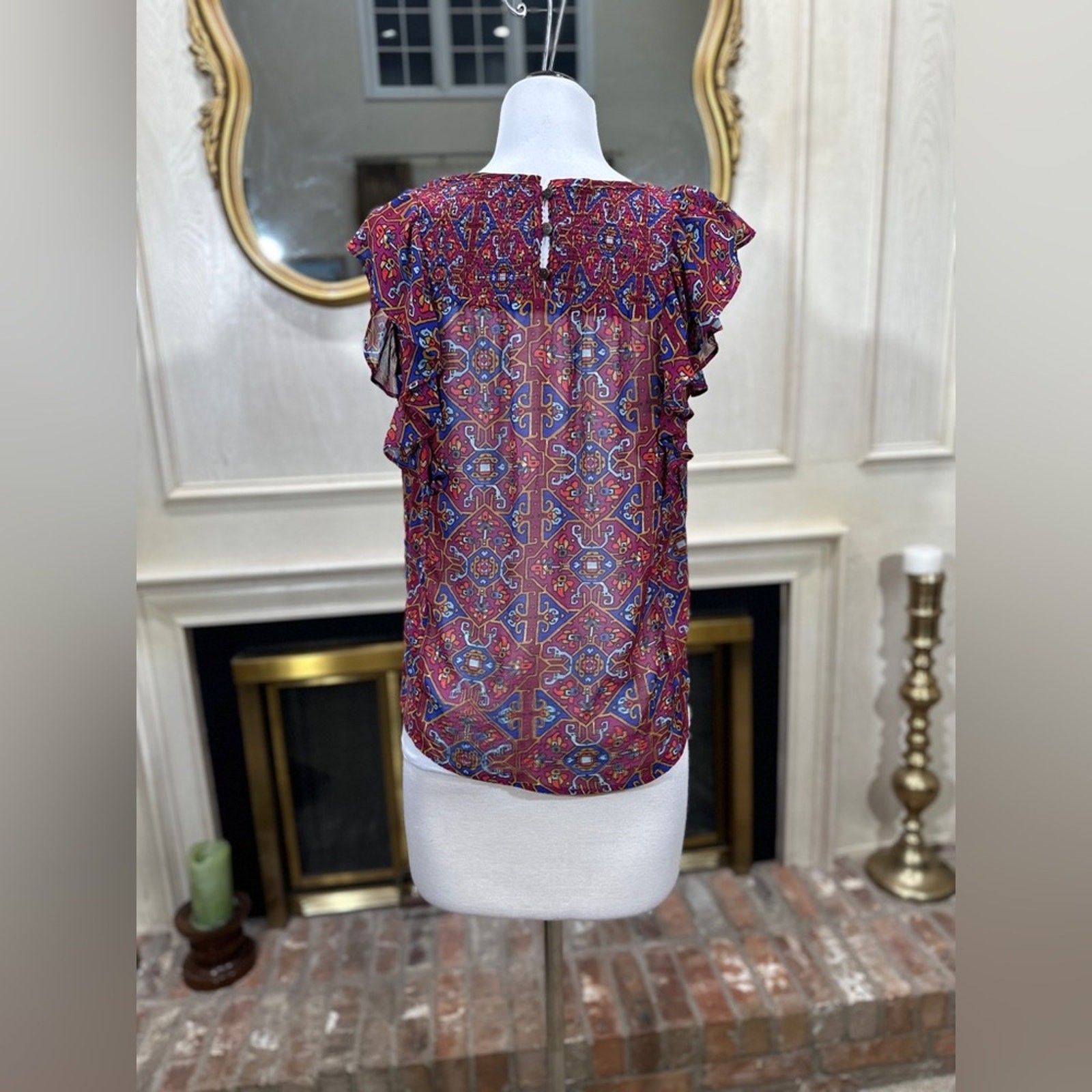 Anthropologie Meadow Rue Ruffle Sleeve Sheer Top Boho Geometric Print Women’s 4