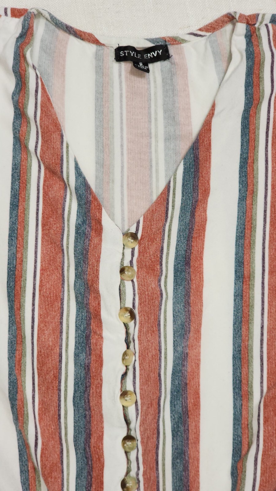 Style Envy S Striped Front Tie Top Red Blue White Buttons V Neck Cap Sleeves…