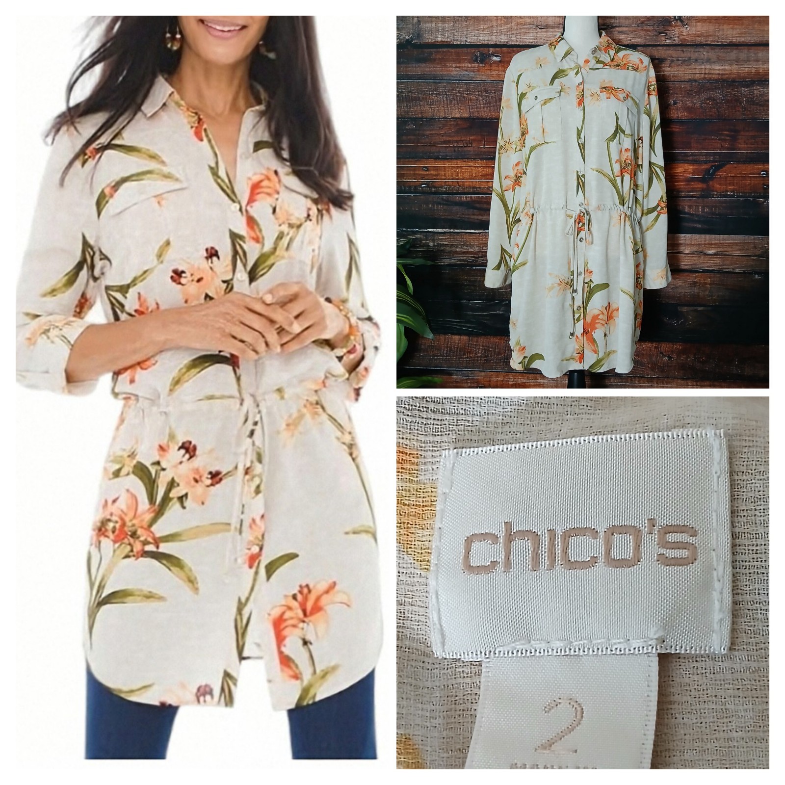 Chicos Tunic Top Size 2 US L Spring Lily Utility Shirt Roll Tab Cuff Drawstring