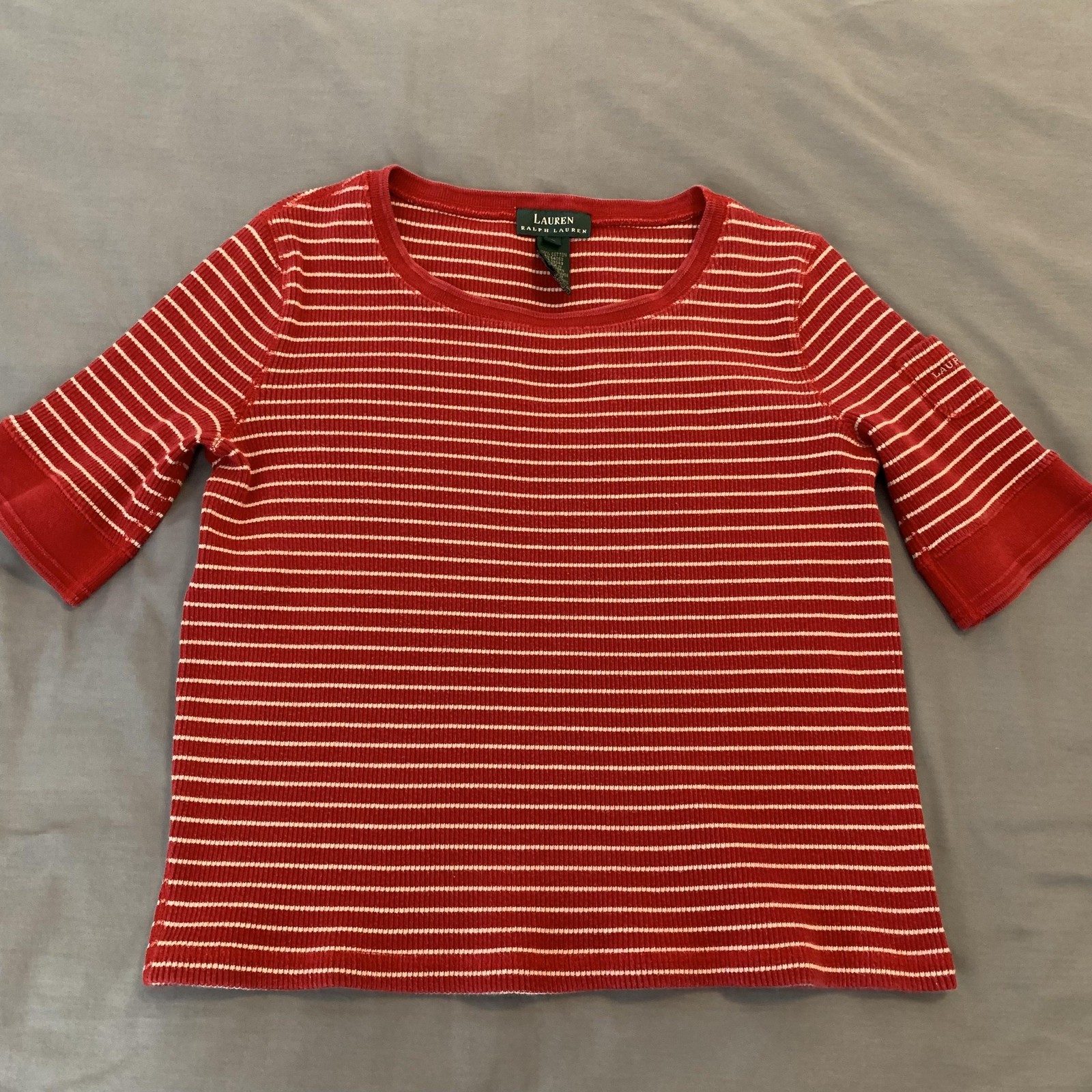 Lauren Ralph Lauren Shirt Womens Large Red Stripe Scoop Neck Short Sleeve Ribbed