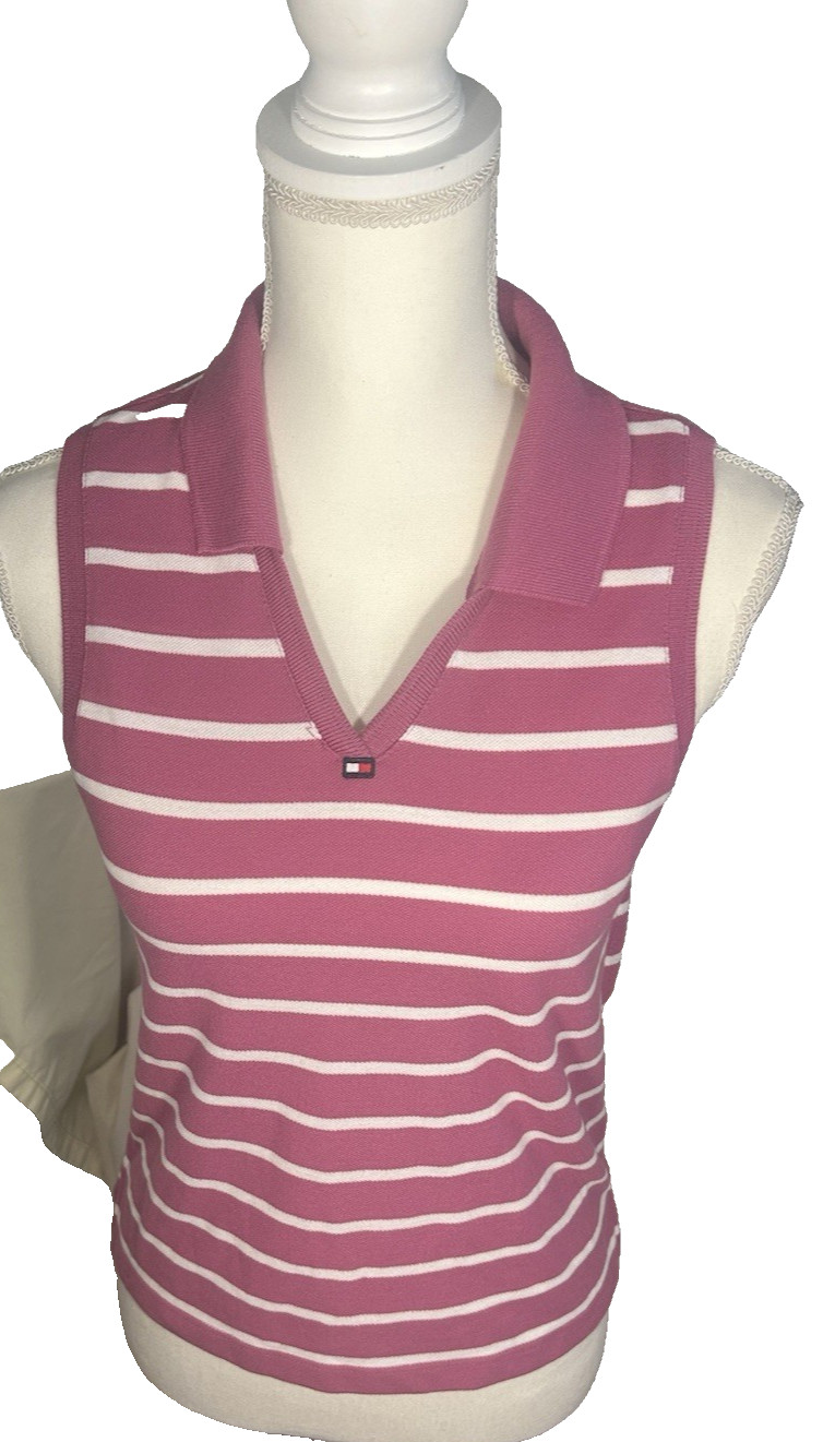 Tommy Jeans Striped Sleeveless Polo Shirt Fuchsia White Sz M