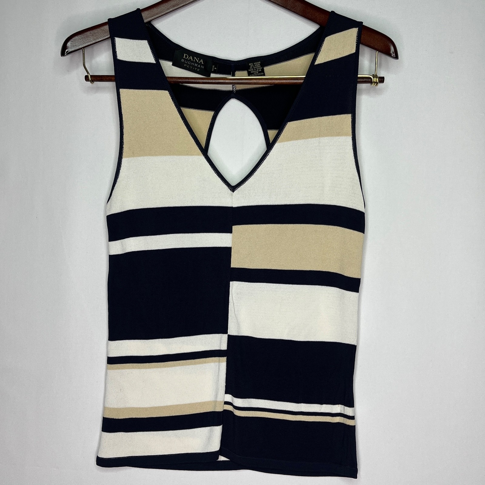 Dana Buchman Petite P Navy Tan Stripe Sleeveless Knit Tank Top
