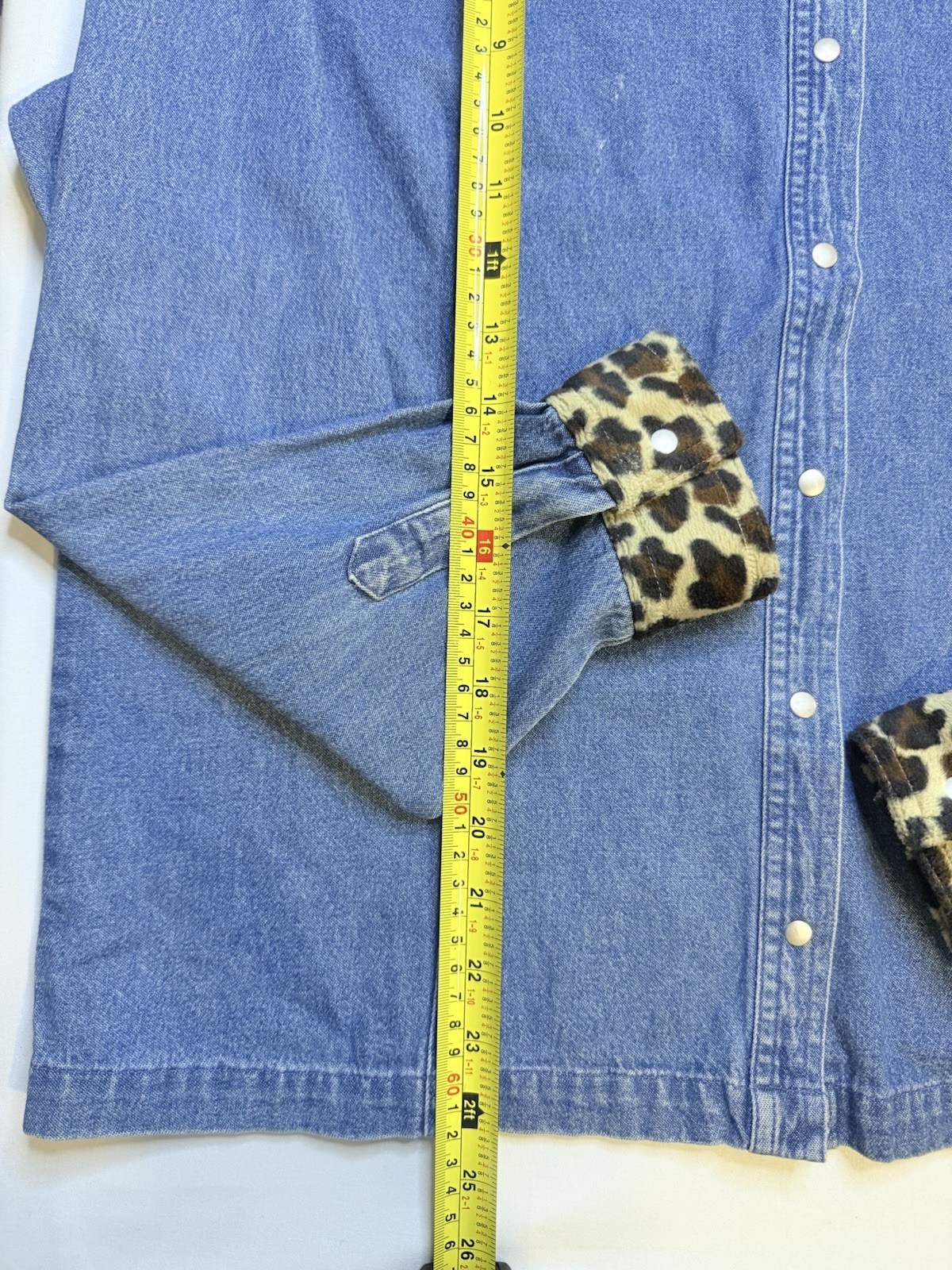 Y2K Denim Snap Button Shirt Leopard Print Collar Western Cowgirl Jacket Top L