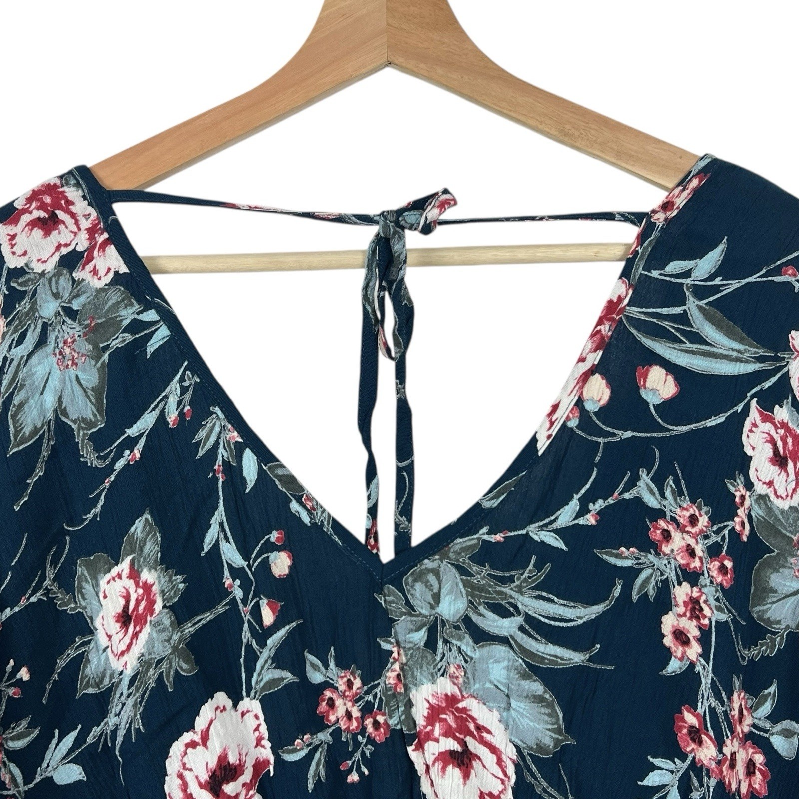 Band of Gypsies Ruffle Wrap Top Teal Blush Floral Woven Crepe Surplice V Neck