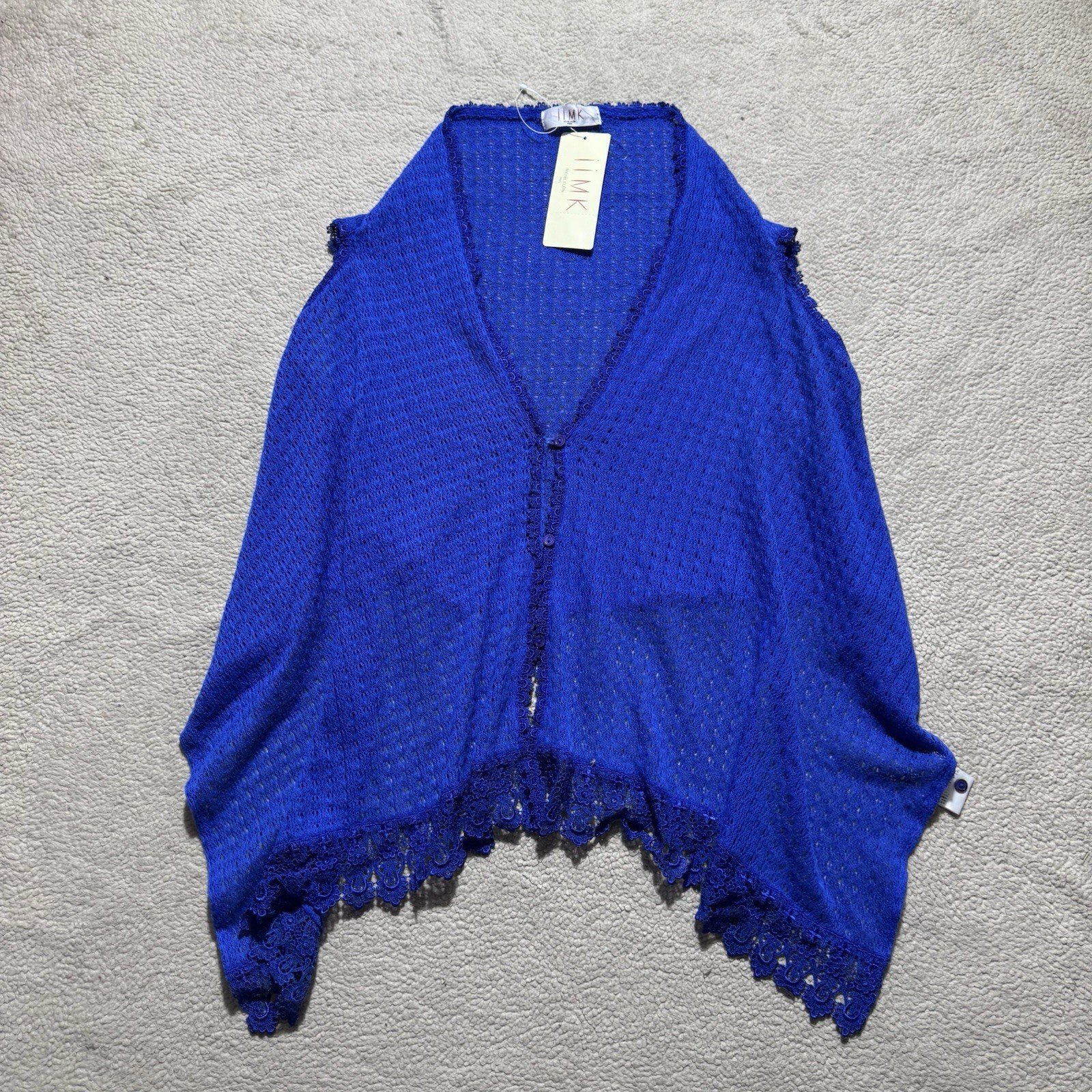 IIMK Michel Klein Top Womens 38 (S/M US) Blue Short Sleeve Button Knit Flowy NEW