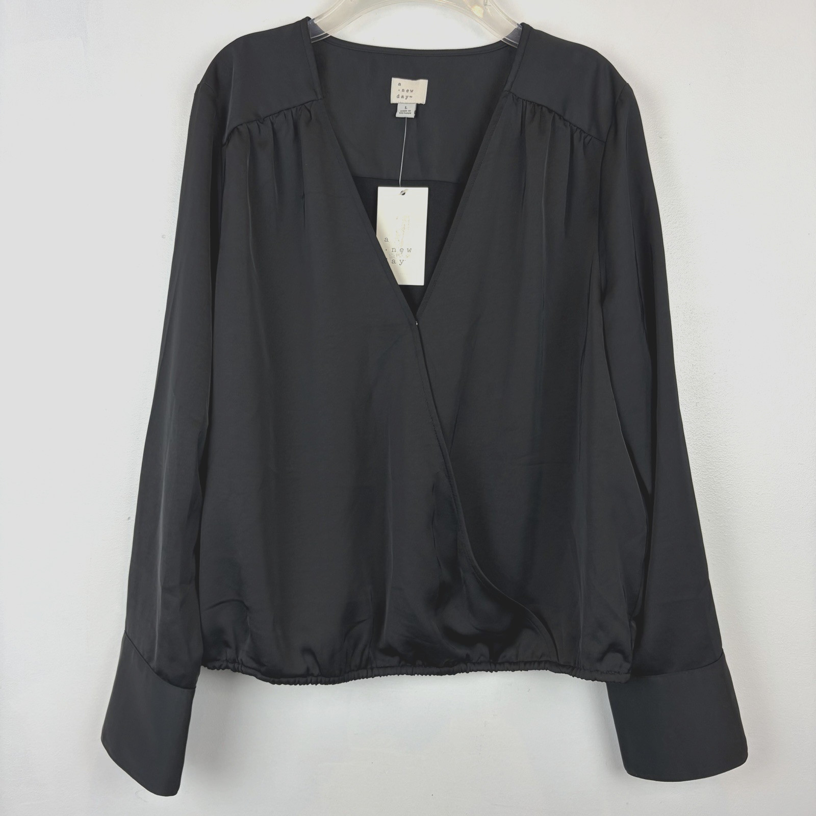 A New Day Satin Blouse Top Womens Large Black Cross Front Faux Wrap Silky New