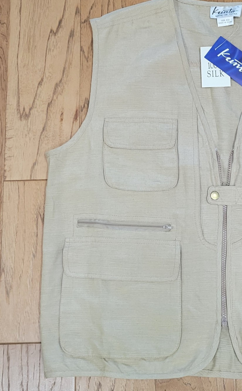 New KUNTO Travel Vest Distressed Cargo 100% Silk Kaki XL 8 pockets Lined MENS