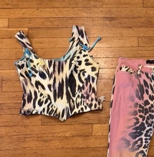 Roberto Cavalli Just Cavalli Vintage Y2K Leopard Corset Tank Top Denim Zip Rare