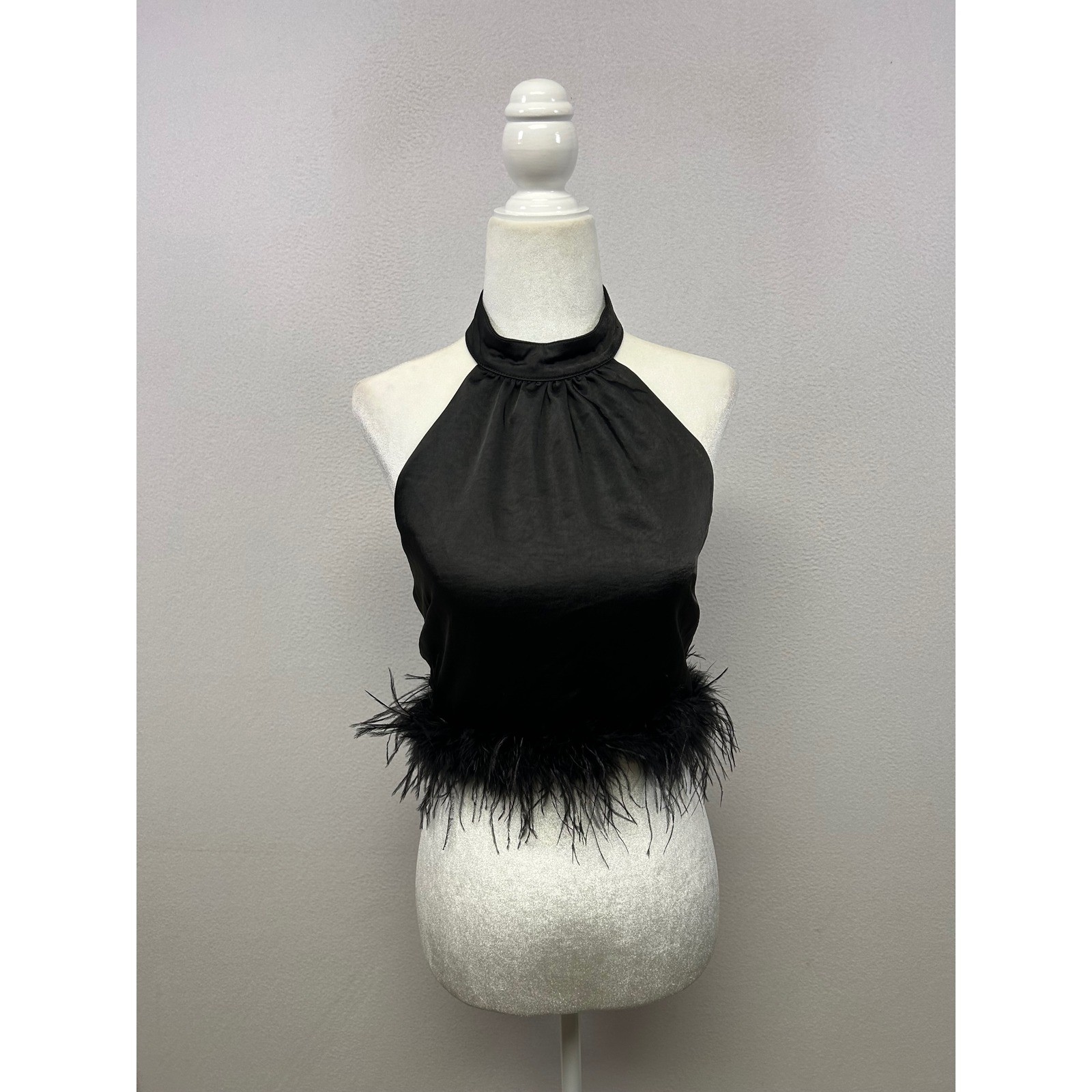 Glam Party Vestique Womens Small Black Feather Trim Satin Halter Crop Top T1625
