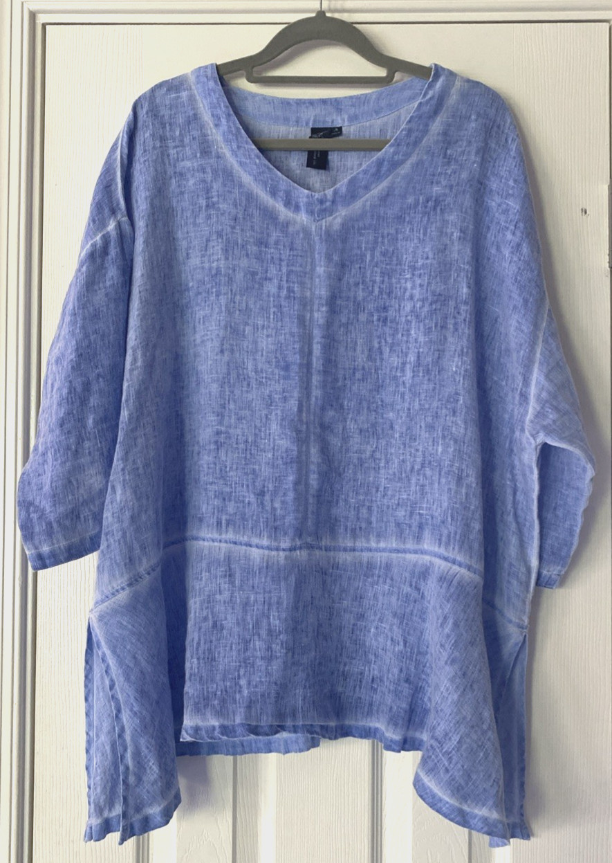 WOMEN’S TUNIC TOP OVERSIZED FOCUS CASUAL LIFE 100%LINEN PRE SHRUNK BOHO BLUE MED