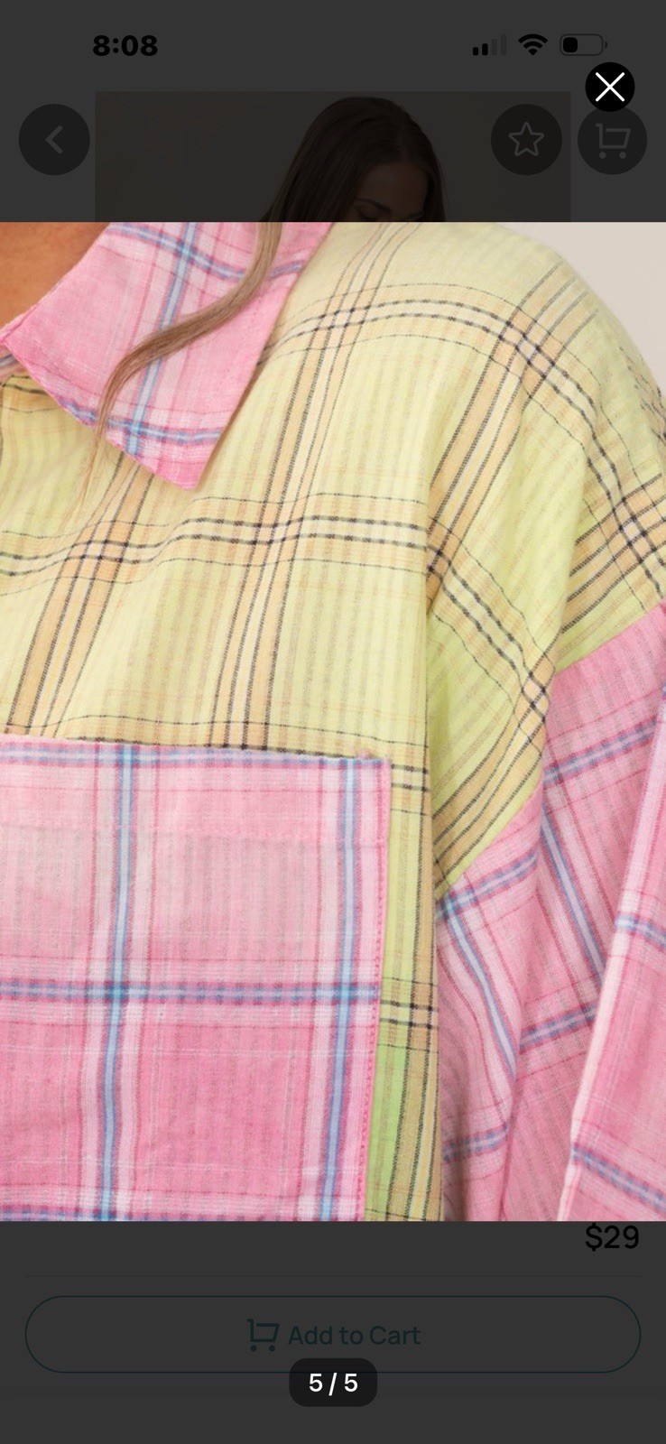 Bibi Multi Colored Plaid Oversized Button Down Top Size L NWT