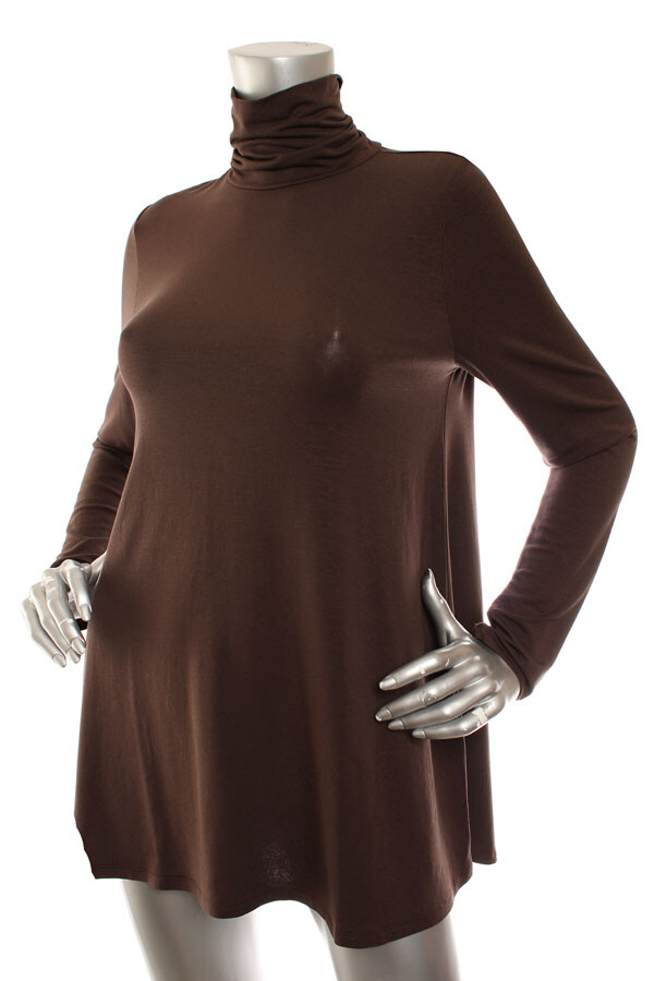 NEW Eileen Fisher Fine Jersey Scrunch Neck Long Easy Fit Thigh Length Top Brown