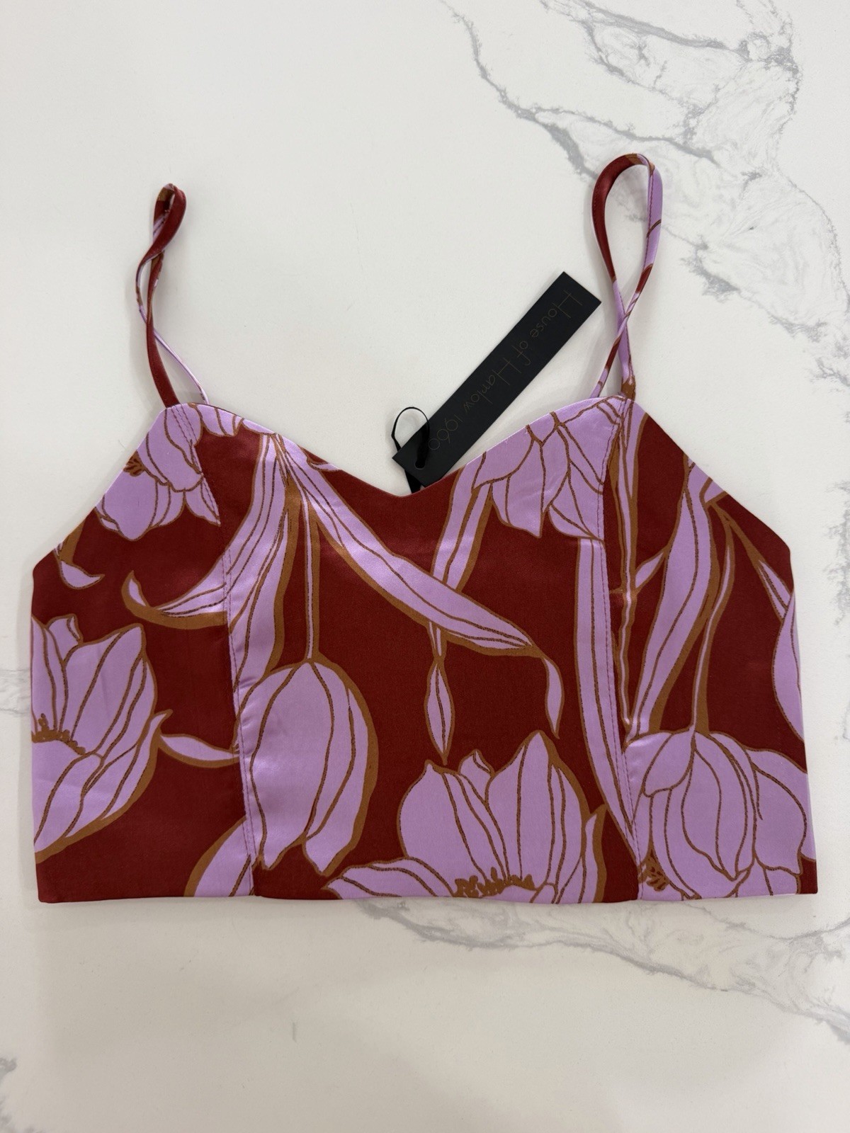 NWT House of Harlow 1960 Burgundy & Pink Tulip Print Satin Cami Crop Top Small