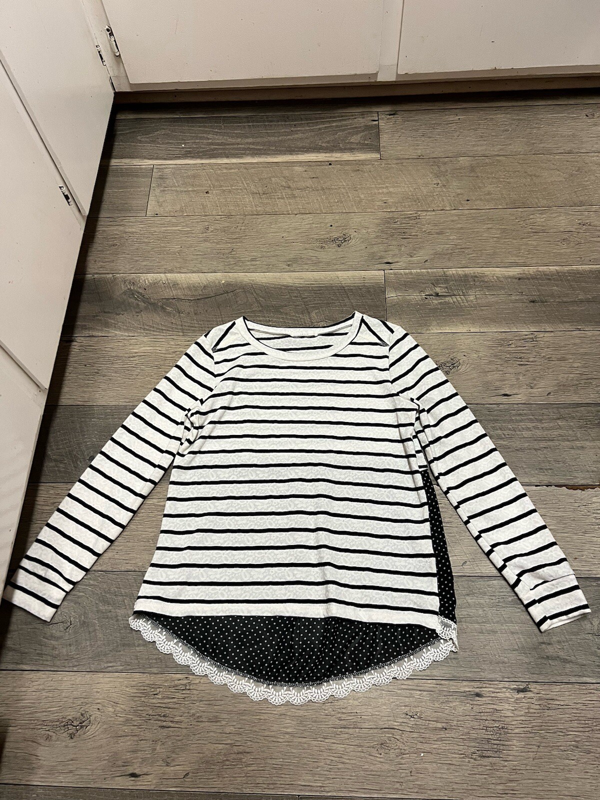 Pink Blush Le Lis white and black striped shirt with sheer polka dot back M