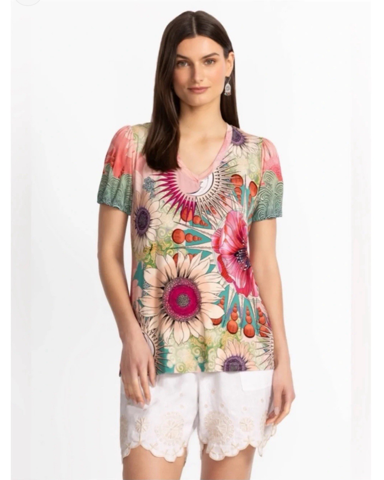 Johnny Was Multicolor Floral V-Neck Short Sleeve Stretch Jersey Tee M T15125-4