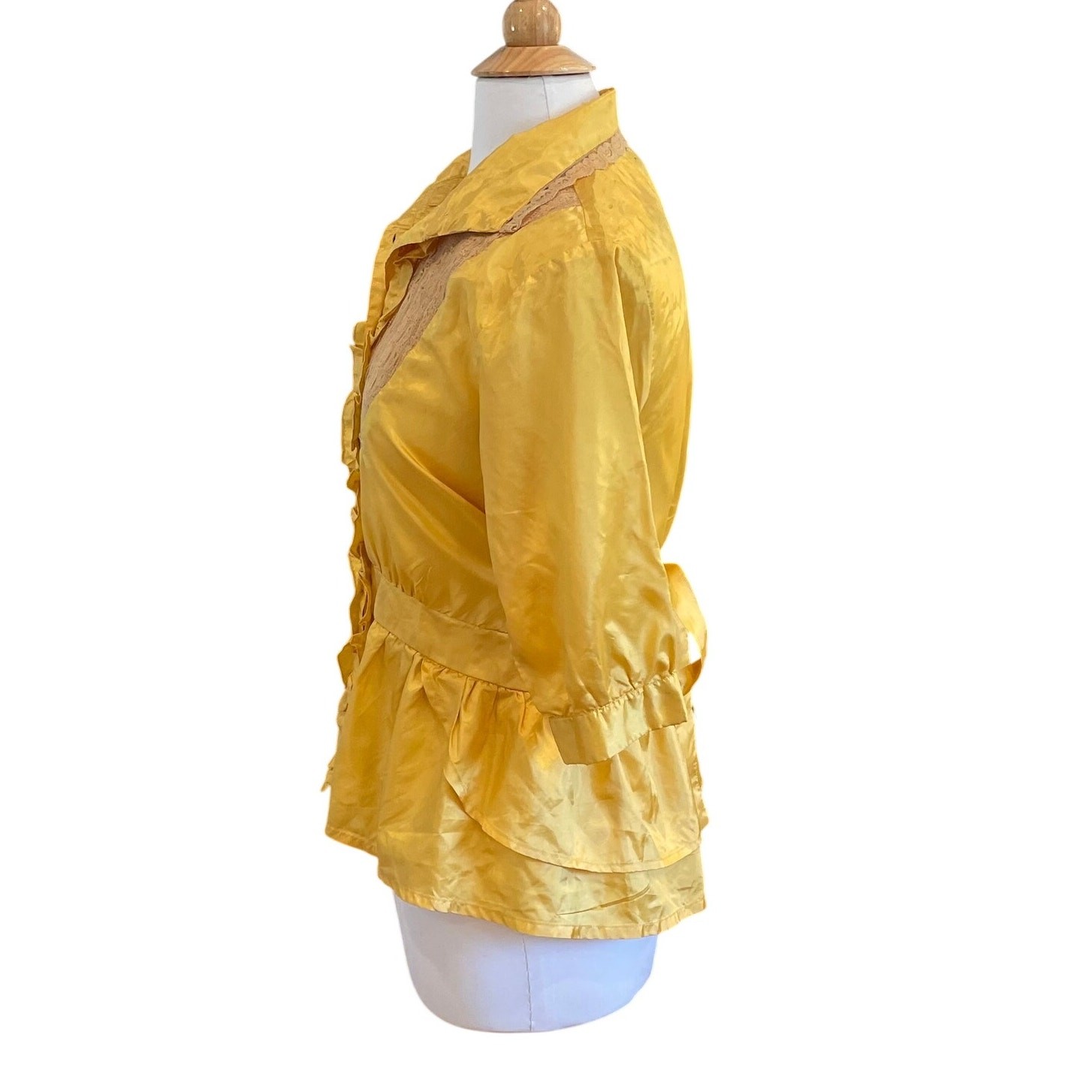Vintage Galeno Gold Silk Short Sleeve Blouse, Lace, Ruffle, Belt / Tie, Size M