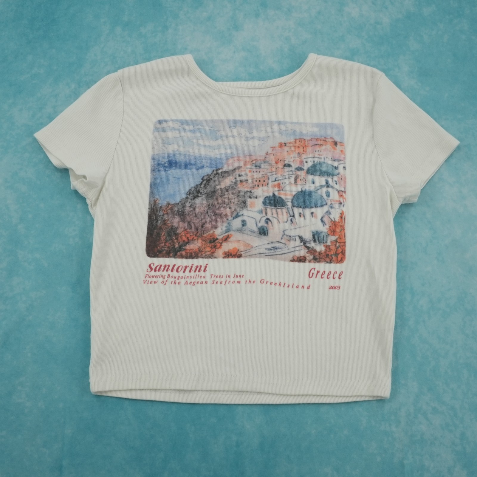 VTG Santorini Greece Graphic T-Shirt Women’s White Short Sleeve Tee Size M