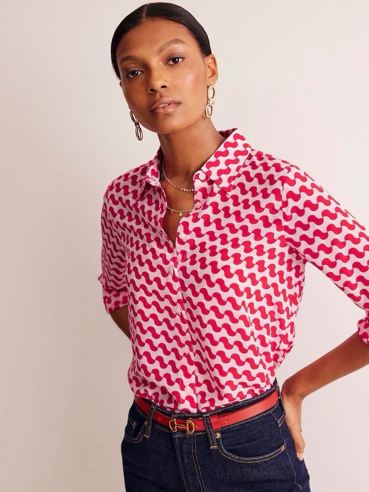 Boden Sienna Silk Shirt Sz US 10R in Red & Pink Candy Ribbon – NWT