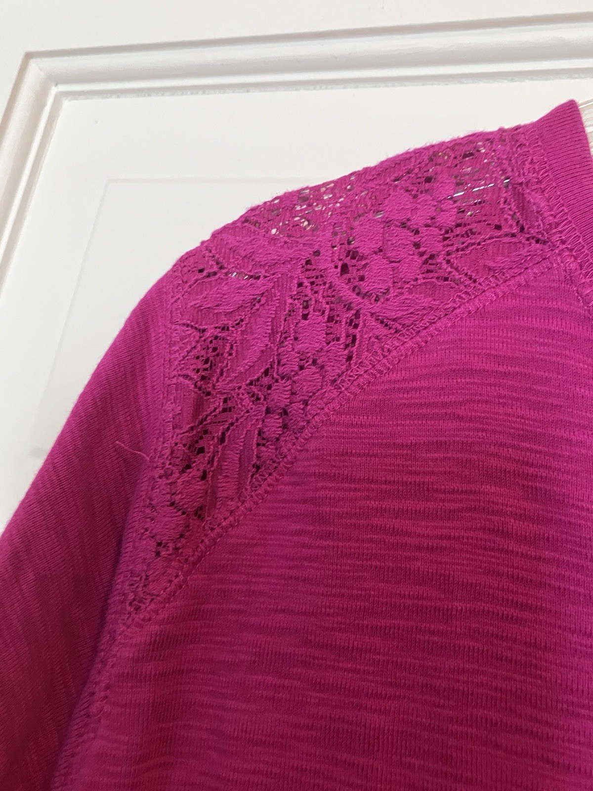 Chaps 2X Fushia Sheer Lace Shoulder 3/4 Sleeve 5 Button Pullover Top