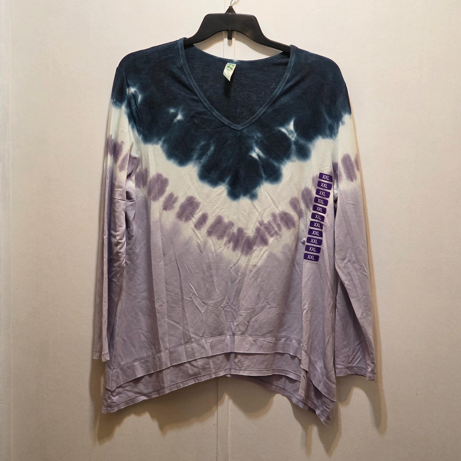 Green Tea Blue White Purple Tie Dyed L/S Top V-Neck Pullover XXL New