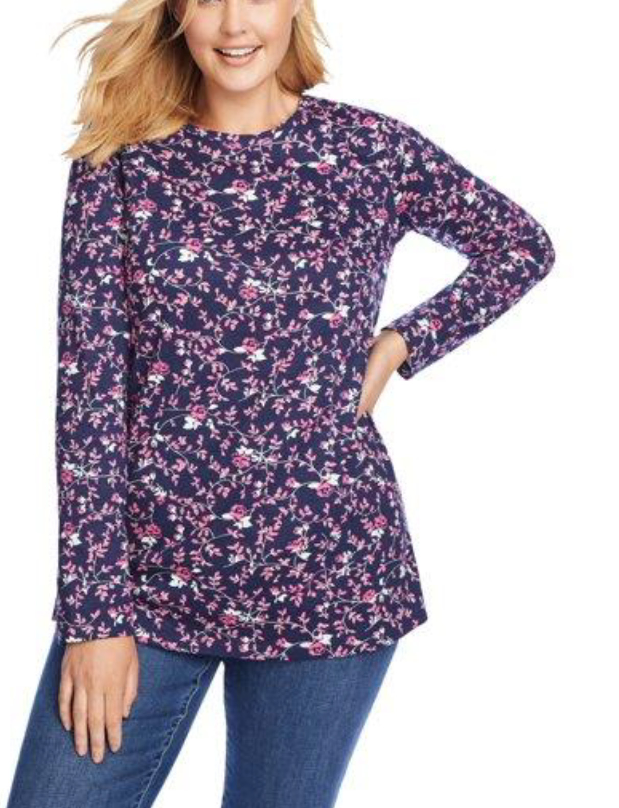 Womens PLUS SIZE 4X 5X 34/36 38/40 COTTON Floral Long-Sleeve Tunic Top length 32