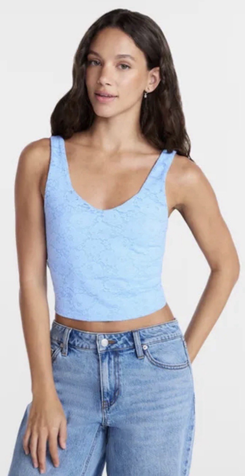 NB women’s Blue Floral Lace Knit Bralette Crop Top Large Seamless Stretch Cami